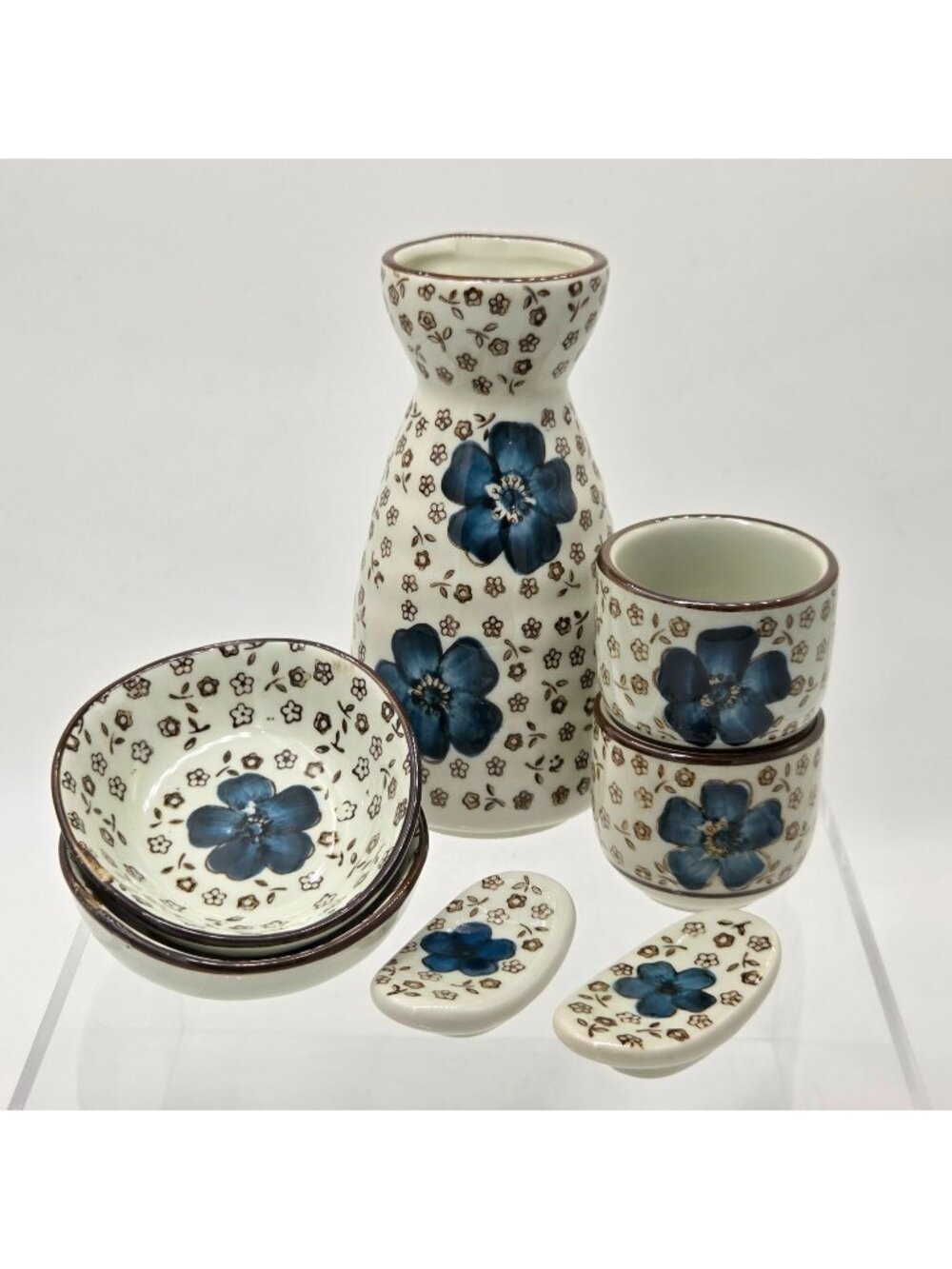 Japanese Import 7 Piece Sake Set Carafe 2 Sake Cup 2 Side Bowls 2 Chopstick Rest